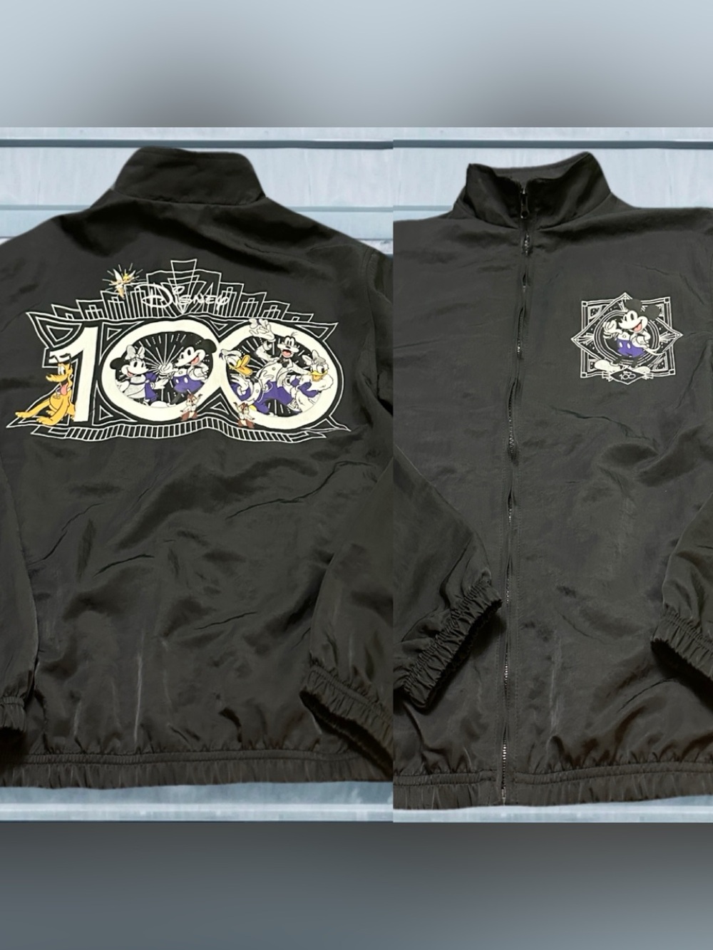 Disney 100 Anniversary Black Zip Windbreaker with Mickey Chest Patch